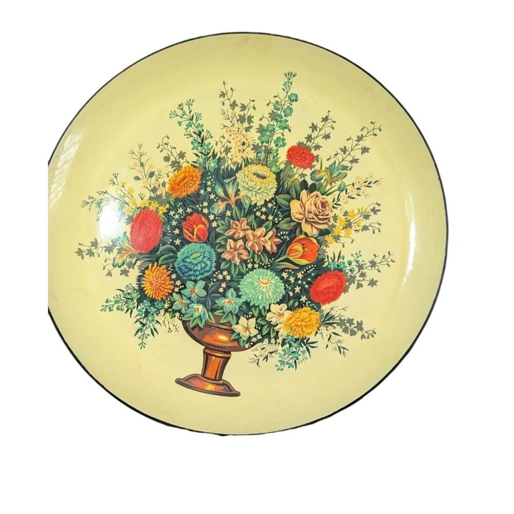 Vintage 13" Round Japanese Floral Papier-Mâché Serving Tray, Yellow MCM Retro Ba